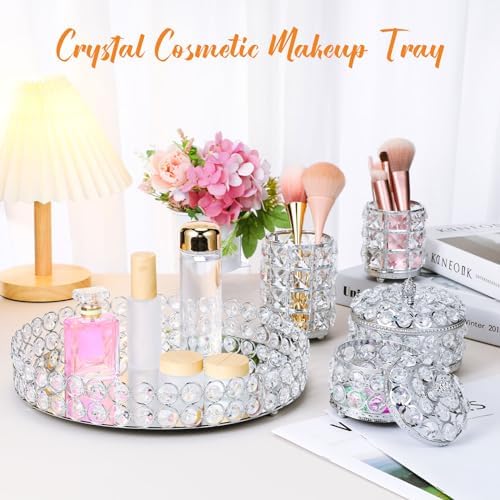 Tioncy 5 Pcs Vanity Perfume Tray, Crystal Makeup Brush Organizer, Silver