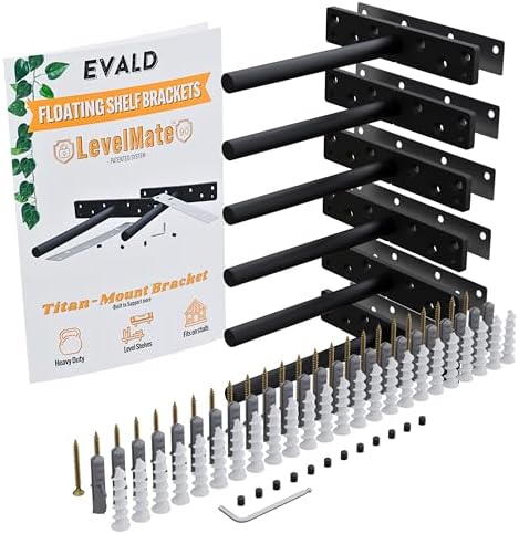 EVALD LevelMate™ Titan-Mount 6 Inch Floating Shelf Brackets, Heavy Duty Hidden Shelf Brackets for Floating Shelves, Blac