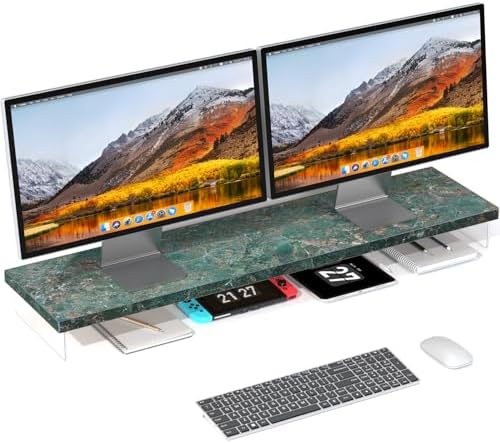 Dual Monitor Stand Riser, 40x10 in Wood & Acrylic Desktop Organizer Shelf