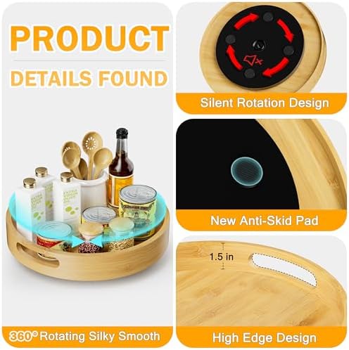 Lazy Susan Organizer Homerays 12 Inch Non-Skid Bamboo Lazy Susan for Kitchen Rotating Spice Rack with Handles, Wood Turn