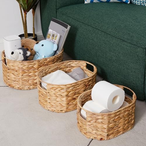 Vagusicc Wicker Basket, 3-Pack Hand-Woven Water Hyacinth Wicker Storage Basket with Handles, Large Woven Storage Baskets