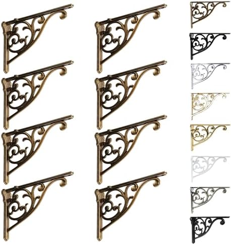 Khtumeware 8 Pack Antique Brass Shelf Bracket 8 Inch, Decorative Brackets for Shelving, Heavy Duty Vintage Ornate Shelf 