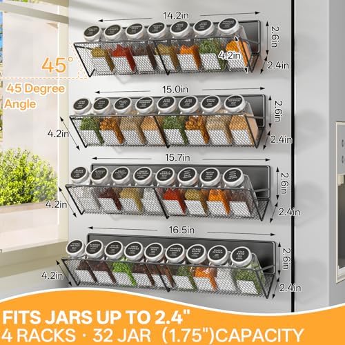 DTUQYX 4 Pack Magnetic Spice Rack for Refrigerator, 45° Tilted Shelf Organizer with Anti-Slip Guardrail, No-Drill Metal 