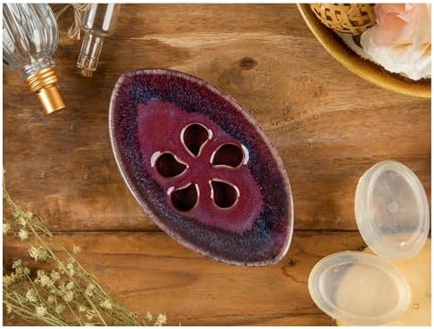 Ceramic Soap Dish with Self Draining Tray for Bar Soap, Bathroom, Kitchen (Purple)