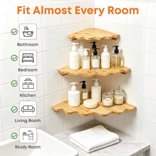 Fantasyon Corner Floating Shelf Wall Mount, Set of 3 Floating Corner Shelves, Bamboo Wood Corner Hanging Shelves with Co