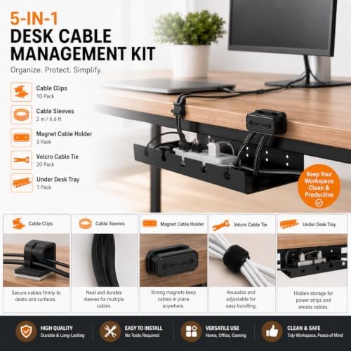 DC 5-in-1 Under Desk Cable Management Kit - Cord Organizer