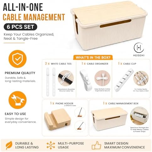 Cable Management Box, Cord Organizer, Pine Wood Lid, Cream White