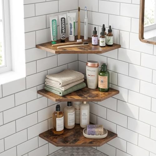 SUYU Set of 3 Floating Corner Shelves, 11.8" Rustic Wood Corner Shelf Wall Mounted, L-Shaped Corner Wall Shelf for Bathr