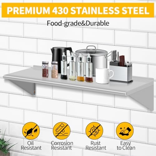 14" D x 48" W Stainless Steel Wall Mounted Shelves, Floating Shelving with Brackets, Commercial Shelf Perfect for Restau