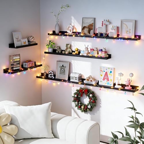 Heimlove Picture Ledge Shelf, Floating Shelves Set of 2, 31.5Inches Picture Shelf for Wall with Ledge, Kids Bookshelf Wall Mounted for Living Room Bedroom Decor Books Photo Frames - Black
