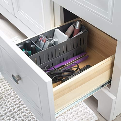 Simplify 4 Compartment Stackable Bin with Adjustable Dividers | Drawer Organizer | Storage Basket | Good for Office | Desk Supplies | Dorm |Bathroom | Accessories | Make Up | Grey