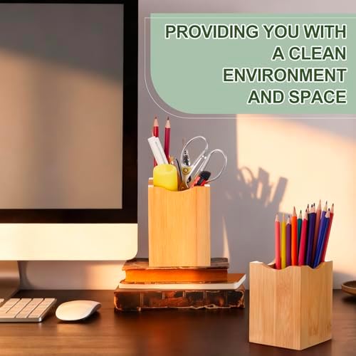 Henoyso 2 Pcs Bamboo Wood Pen Holder Wavy, Square Desktop Organizer