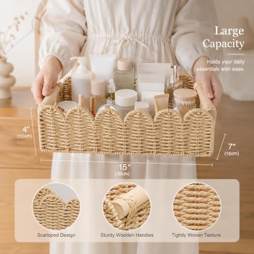 Upgraded L Scalloped Wicker Basket with Wood Handle