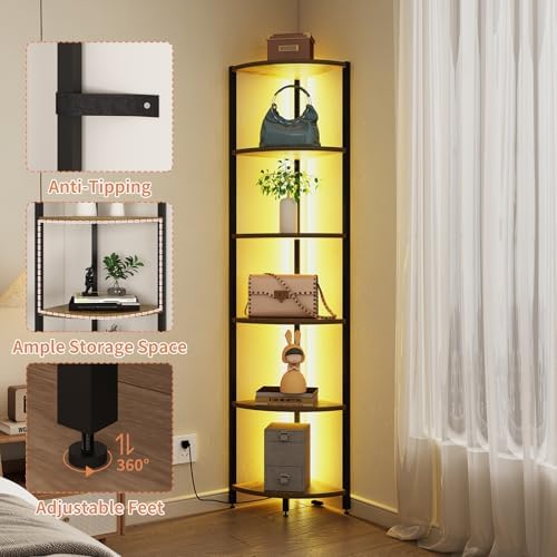 6-Tier Corner Shelf with LED Lights - 65" Tall Narrow Bookshelf, Standing Shelf with Storage Rack, Sturdy Metal Frame & 
