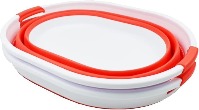 SAMMART 28L (7.4 gallon) Collapsible Plastic Laundry Basket-Oval Tub/Basket - Portable Washing Tub-Space Saving Laundry Hamper, Water capacity: 22L (5.8 gallon) (2, White/Orange Red)