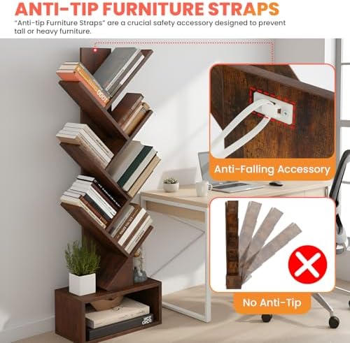 FDW 7 Tier Tree Bookshelf, Rustic Brown Floor Standing Bookcase with Storage Cabinet, Tall Narrow Bookshelves Organizer 