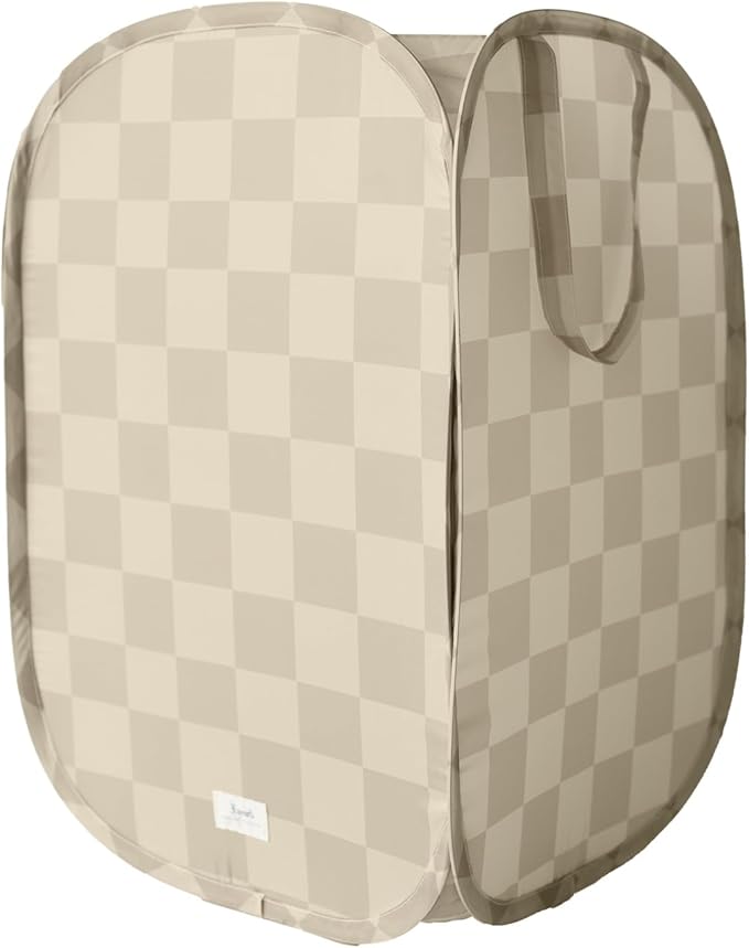 3 Sprouts Pop Up Hamper - Collapsible Laundry Basket, Popup & Foldable Design - Durable Waterproof Fabric for Dirty Clothes, Toys & Towels - Ideal for Dorm, Bedroom & Baby Nursery, Checkerboard Beige
