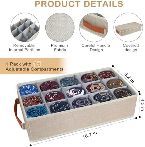 Lukeline Belt Organizer for Closet, Tie Storage Organizer Bins with 15 Compartments Drawer Organizer, Linen Closet Organ