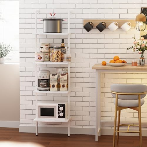 Wolawu Ladder Shelf 4 Tiers Metal Industrial Bookshelf,White Wooden Tall Open Storage Rack and Display Shelves,Wall Moun