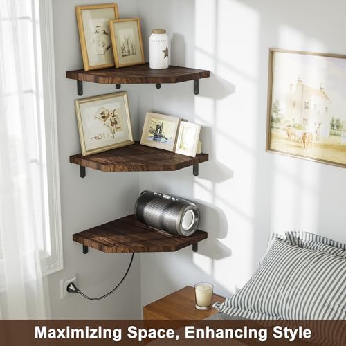 Alsonerbay Pine Wood Corner Shelves with Cord Hole 3-Pack, Carbonized Black