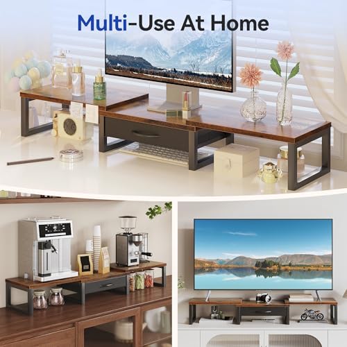 Desk Organizers and Accessories, Dual Monitor Stand Riser with Drawer, Computer Monitor Stand, Adjustable Desk Shelf for
