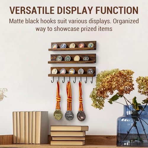 MyGift Rustic Burnt Solid Brown Wood Wall Mounted Challenge Coin Holder – Casino Chip Display Rack with Matte Black Meta
