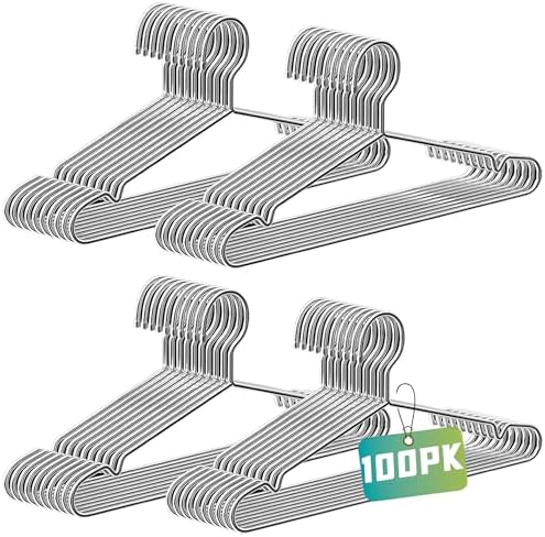Wire Hangers 100 Pack, Heavy Duty, Space Saving, Stainless Steel, Silver, 16.5inches Closet Hangers for Hanging Coats, Suits, Jackets, Shirts,T-Shirt