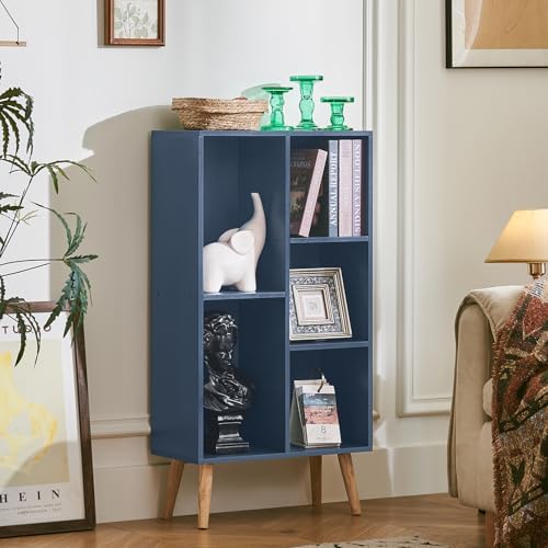 LEYAOYAO 5 Cube Bookshelf,Mid-Century Modern Book Shelf with Legs,Dark Blue