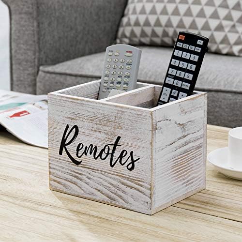 MyGift Remote Control Holder,TV Remote Holder,Wood Remote Caddy for Table,2 Large Compartment,Shabby Whitewashed Solid Wood with Black Cursive Remotes Label