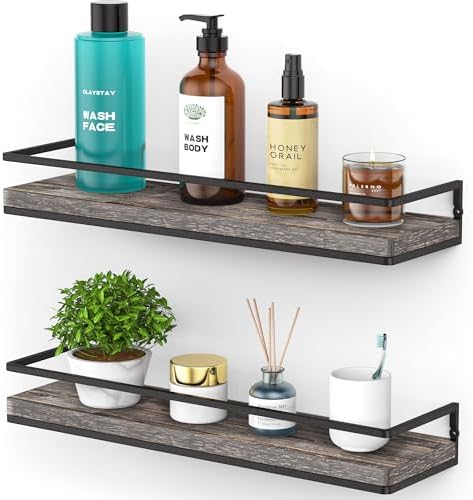 Meangood Floating Shelves Wall Mounted Set of 2, Rustic Wood Wall Storage Shelves for Bedroom,Living Room,Bathroom, Kitc