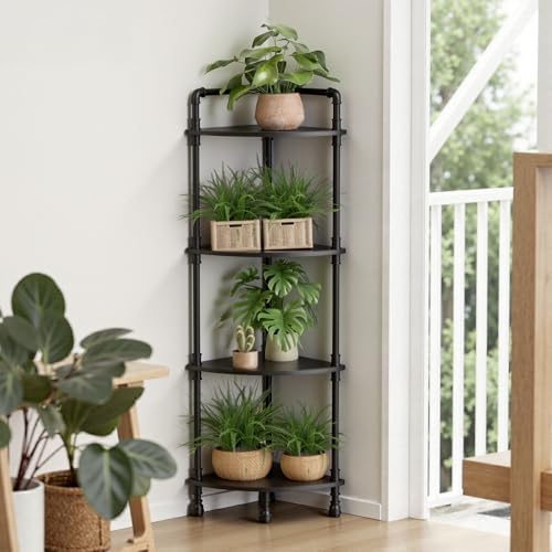 Aduanbang Fun Memories 4-Tier Corner Shelf Stand, Grey Storage Bookshelf for Bathroom, Living Room, Kitchen, Home Office