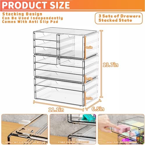 Yieach 3 Pack Clear Storage Drawers With 10 Drawers,Stackable 11.1” Large Acrylic Drawer Organizer and Makeup Organizer 