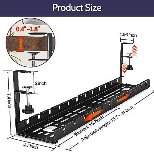 Shikha 2 Pack Cable Management Under Desk, 15.7"-31" Retractable Cable Management Tray, No Drilling Cord Organizer with 