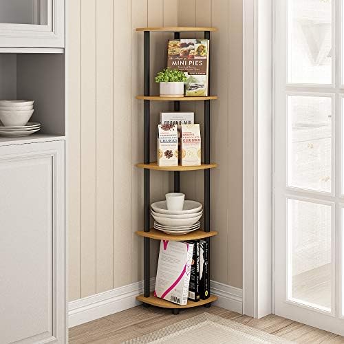 Furinno TURN-N-TUBE Corner Shelf, 5-Tier Corner Bookshelf, Open Storage Shelves, for Organization and Storage, Living Ro
