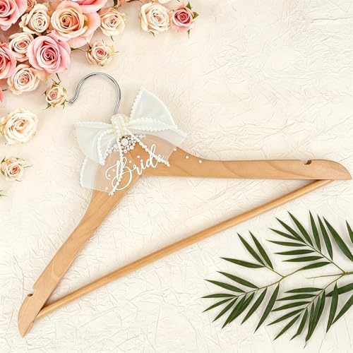 Bride Hanger for Wedding Dress, Wooden Wedding Hangers Bridal Hanger Personalized Hangers with Bow Tie & Pearl for Wedding Party Gifts Accessories