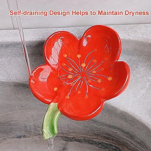 Self-Draining Soap Dish Ceramic Cute Bar Soap Holder for Countertop, Kitchen, Bathroom, Bedroom, Peach Blossom, Red