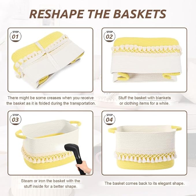2 Pack Storage Basket for Shelves, Boho Cotton Rope Storage Bins with Heavy Tassel, Shelf Baskets Large Woven Baskets for Organizing, Cube Organizer Bins, Baby Laundry Basket for Clothes, Toys, Pets