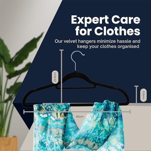 50 Pack Velvet Hangers | Non-Slip Velvet Clothing Hangers with Tie Organisers | Space Saving Hangers and 360° Swivel Hooks Wardrobe Storage Organiser, Black