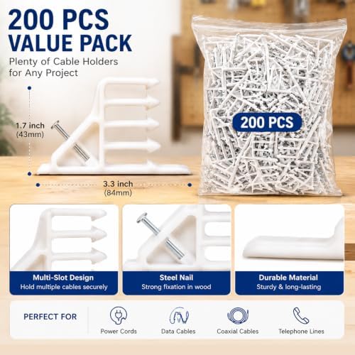 Multi-Cable Staples 200 Pack, White Electrical Wire Stackers, Steel Nails