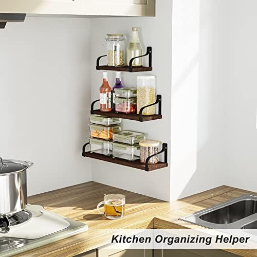 Love-KANKEI Floating Wall Shelves Set of 3,Wood/Metal Bracket,Dark Walnut