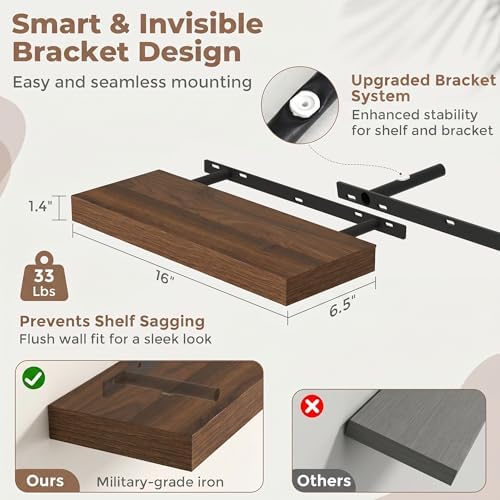 16In Floating Shelves for Wall, 6.5"D Wood Storage Shelves, Walnut Finish