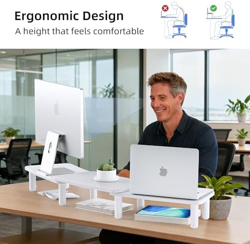 Dual Monitor Stand For Desk,Adjustable Height Long Wood Computer Riser