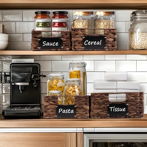 Set of 4 Sizes Hand-Woven Pantry Shelf Baskets, Hyacinth Storage Baskets with Chalkboard Labels & 2 Chalk Markers, Wicke