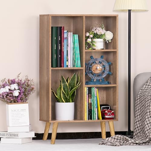 LEYAOYAO 5 Cube Bookshelf, Mid-Century Modern Book Shelf with Legs, Oak