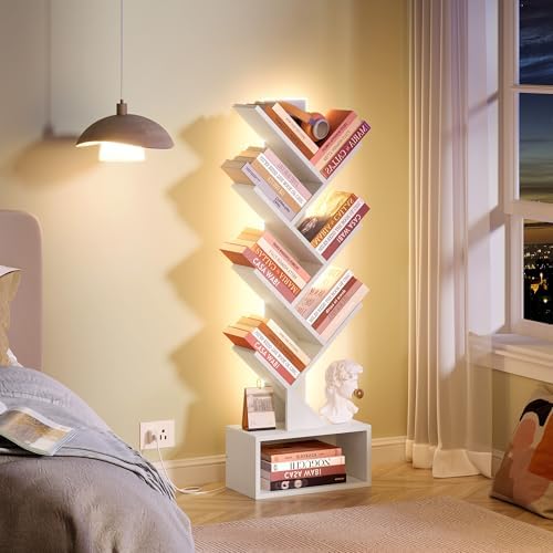 Hoctieon 6 Tier Tree Bookshelf with LED Lights, Small Bookcase, Freestanding Book Shelf, Display Floor Standing Storage 