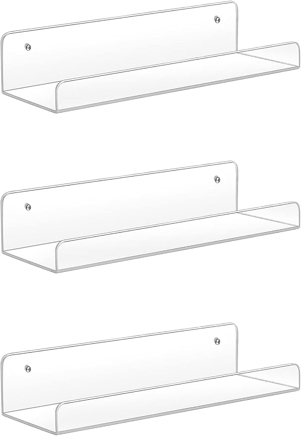 Sooyee Acrylic Shelves,3 Pack 15 Inch Floating Wall Shelves, Funko Pop Display Shelf,Invisible Kids Book Shelf,Picture Ledge Shelf Decor, Bathroom Wall Shelves,Clear