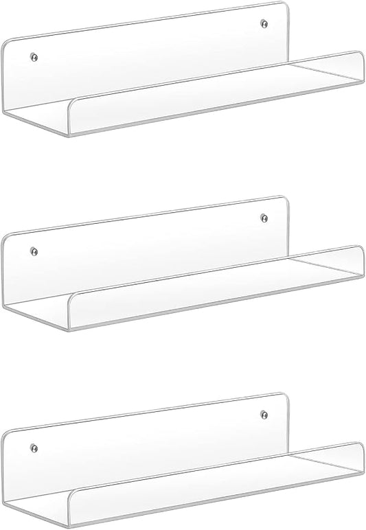 Sooyee Acrylic Shelves,3 Pack 15 Inch Floating Wall Shelves, Funko Pop Display Shelf,Invisible Kids Book Shelf,Picture Ledge Shelf Decor, Bathroom Wall Shelves,Clear
