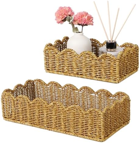 Scalloped Toilet Paper Basket - Resin Wicker Water-Resistant Storage Toilet Tank Topper Boho Style Set of 2