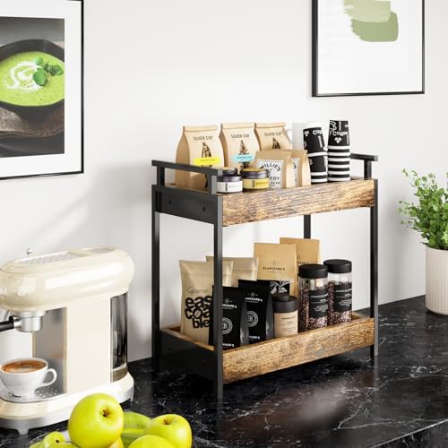 KLM Countertop Coffee Station Organizer, 2 Tier Wooden Shelf for Coffee Bar Accessories, Condiment Storage Caddy for Kit
