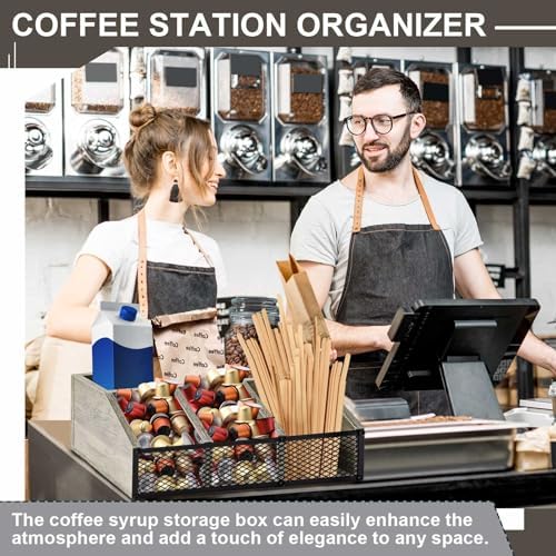 Yalikop Gray Wooden Coffee Bar Organizer, No Assembly, Rustic
